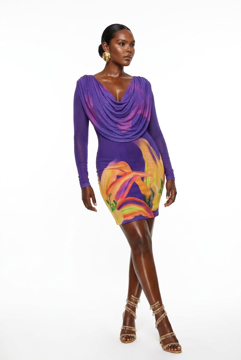 The Cowl Neck Mini Dress- Orchid Purple